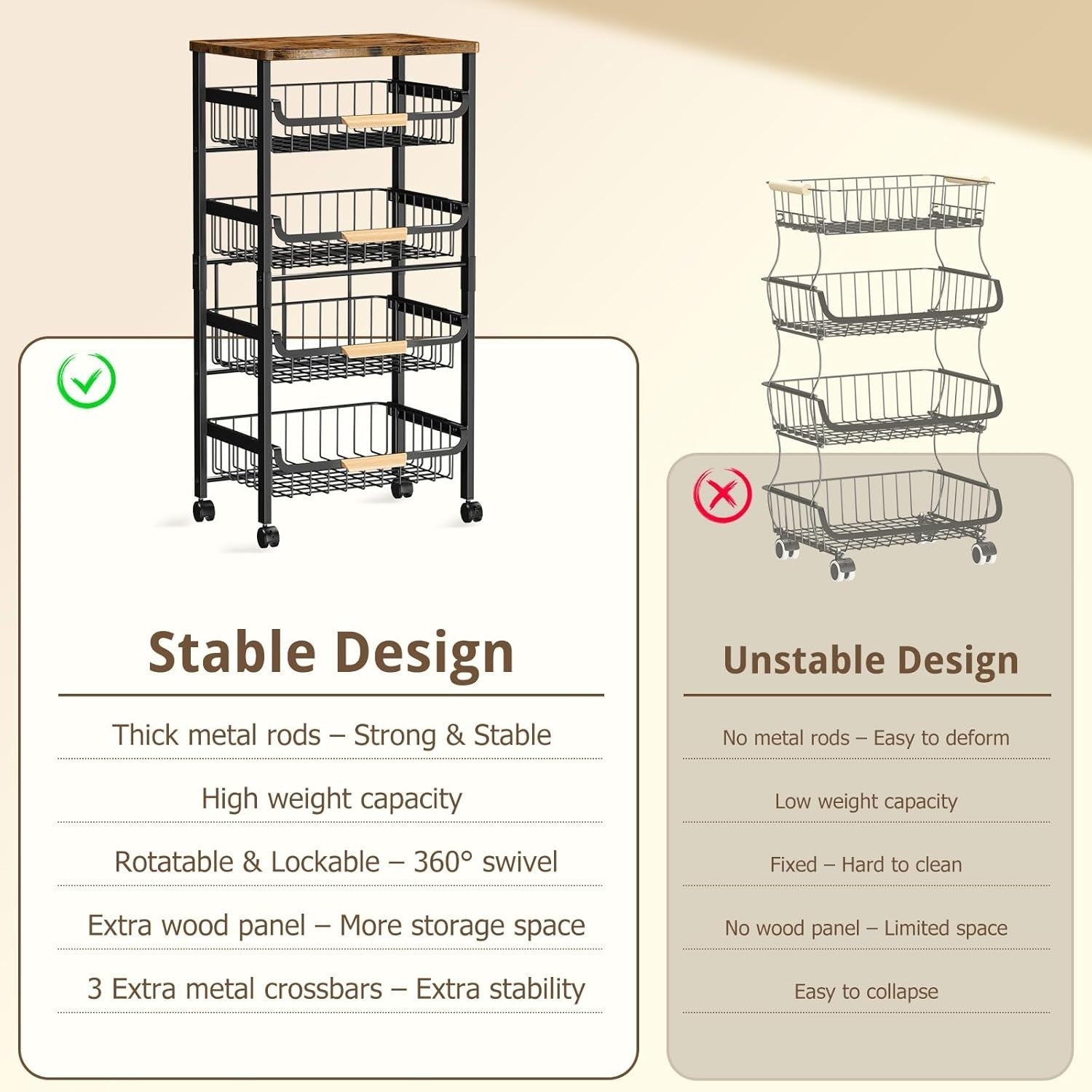 5 Tier Kitchen Trolley on Wheels Storage Rack Wood Top