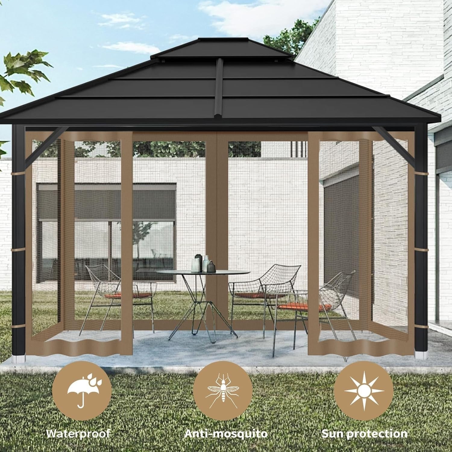 10x10ft Brown Gazebo Mosquito Netting 4 Panels Zipper Sidewalls Outdoor