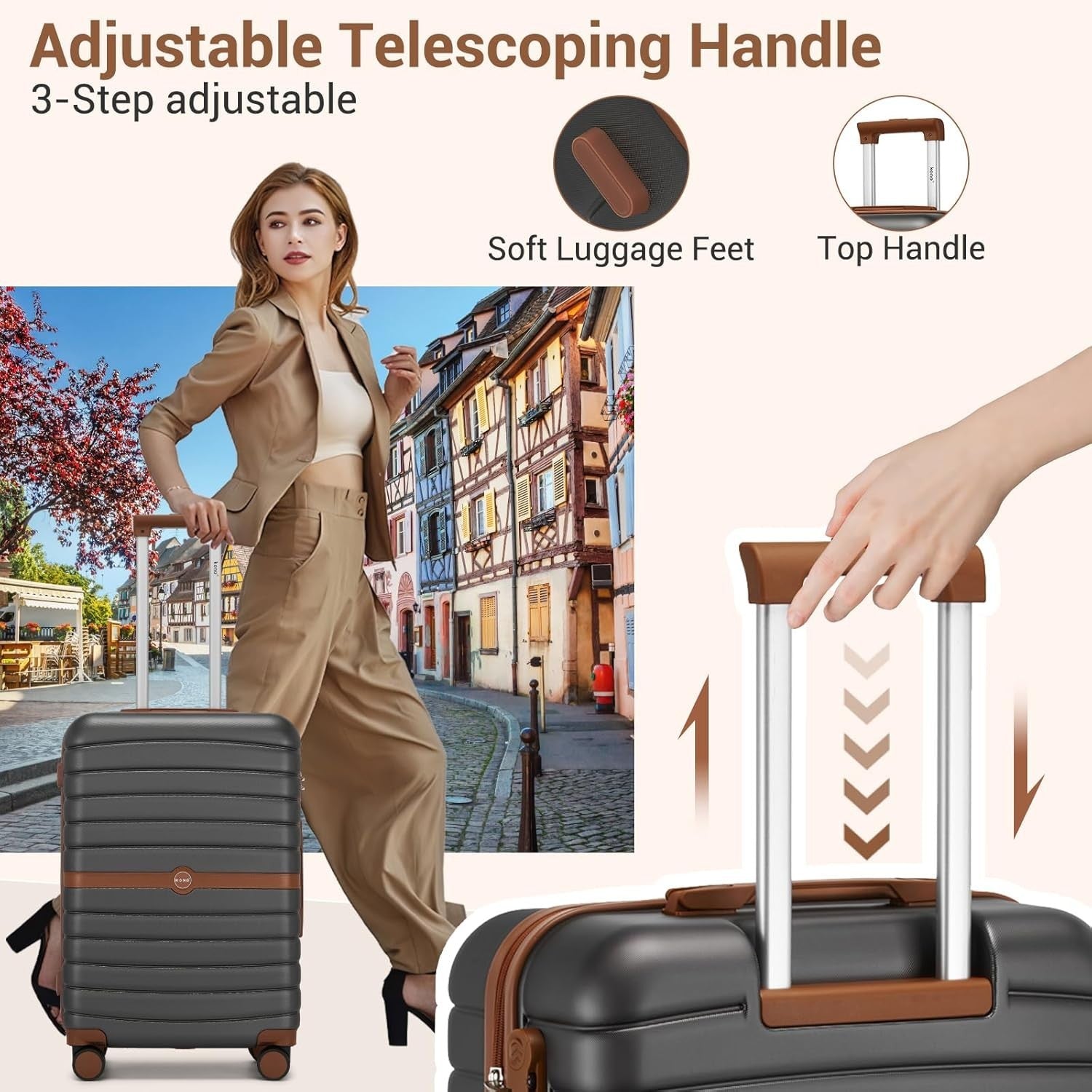 24'' Grey Brown Check In Suitcase ABS PC Hard Shell Spinner Wheels Lock