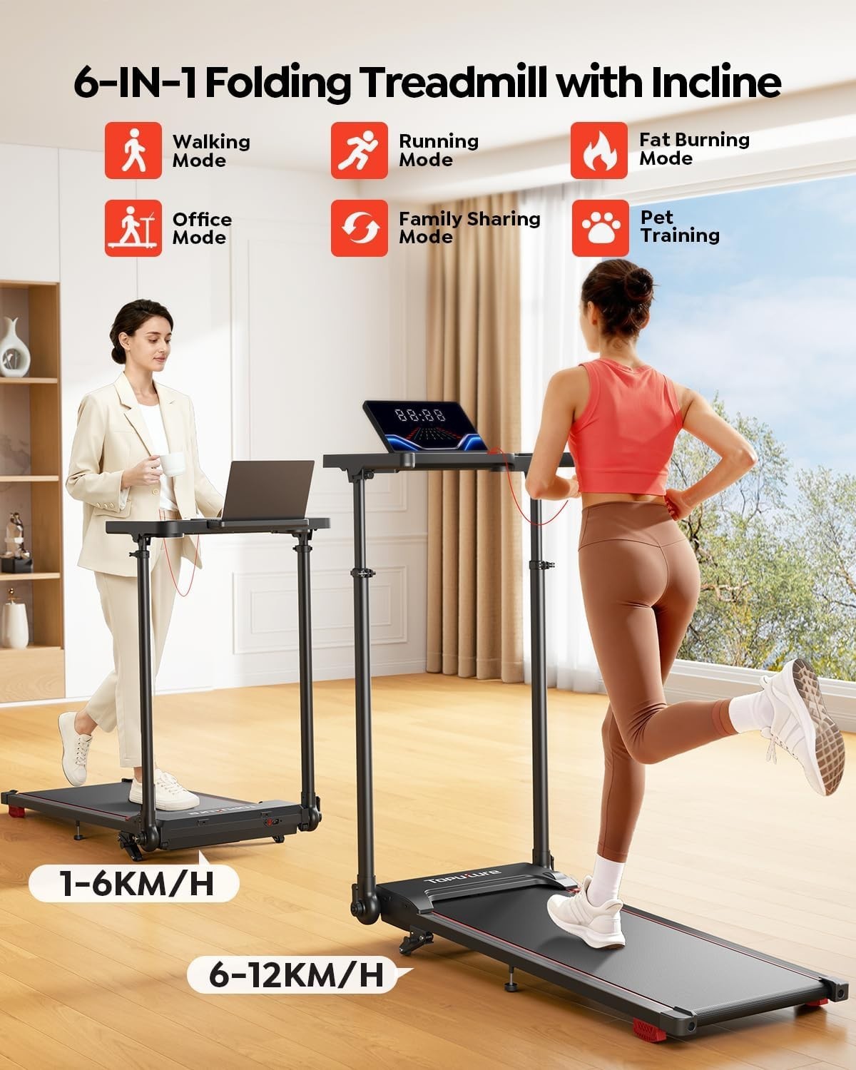 Foldable 6-in-1 Treadmill 12KM/H with Incline, LED Display & Shock Absorbent Mat