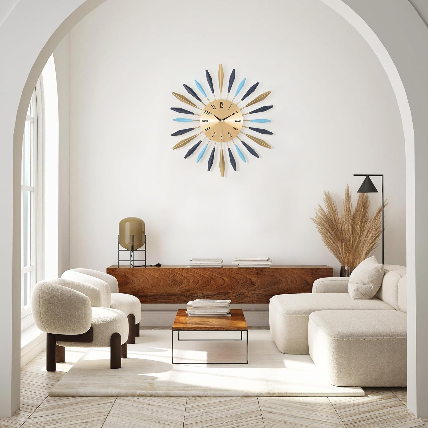 Large Metal Sunburst Wall Clock 56cm Modern Silent Decor Living Room Art