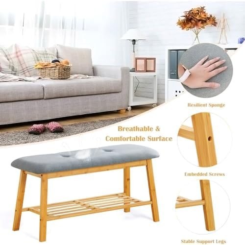 Bamboo Shoe Rack Bench with Padded Linen Seat Grey – Entryway Storage