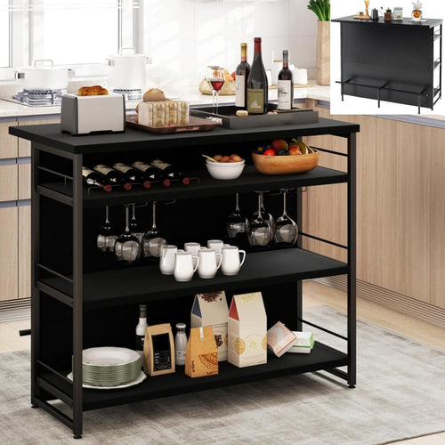 2-in-1 Kitchen Island & Home Bar Table with Wine Rack, Black 60x120x101cm