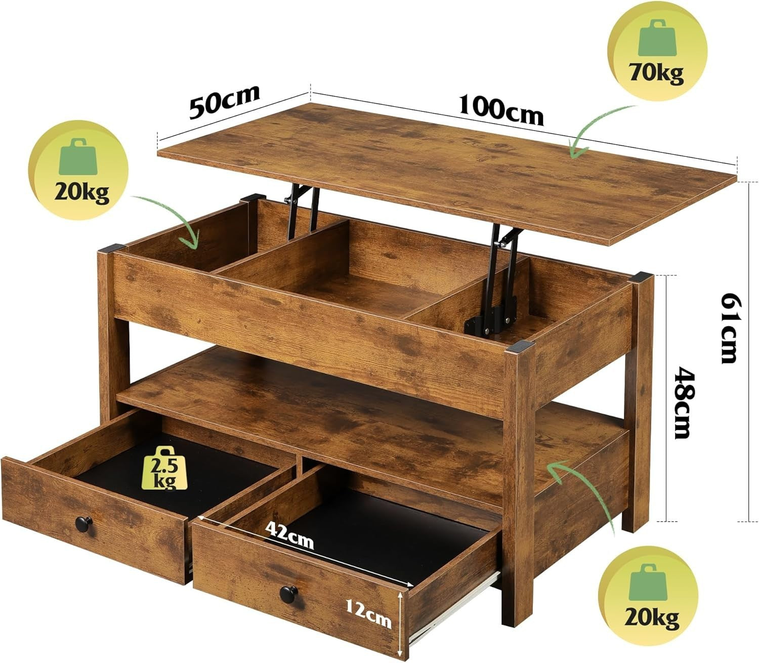 Lift Top Coffee Table with Storage Drawers & Hidden Compartment 100x50cm