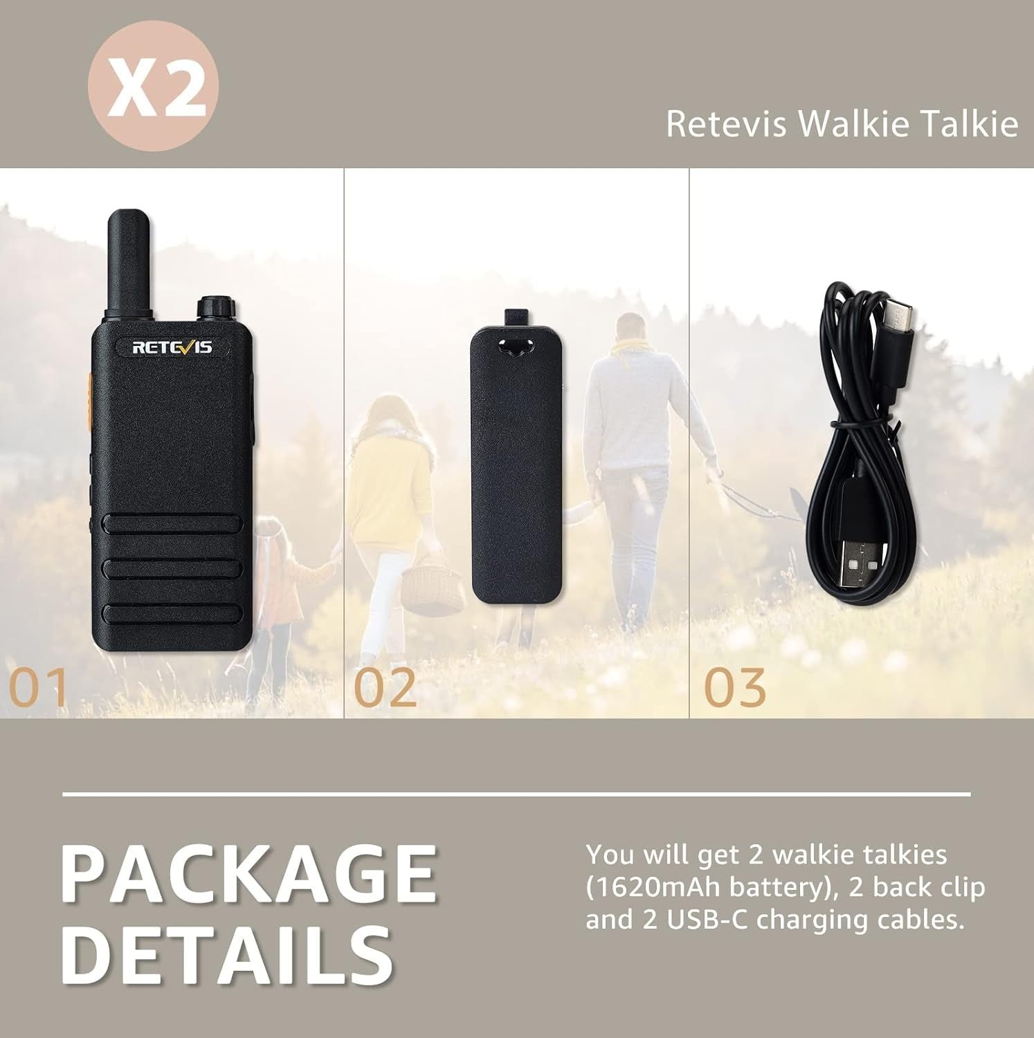 Retevis RT622P Walkie Talkies 2 Pack PMR446 Rechargeable USB-C VOX