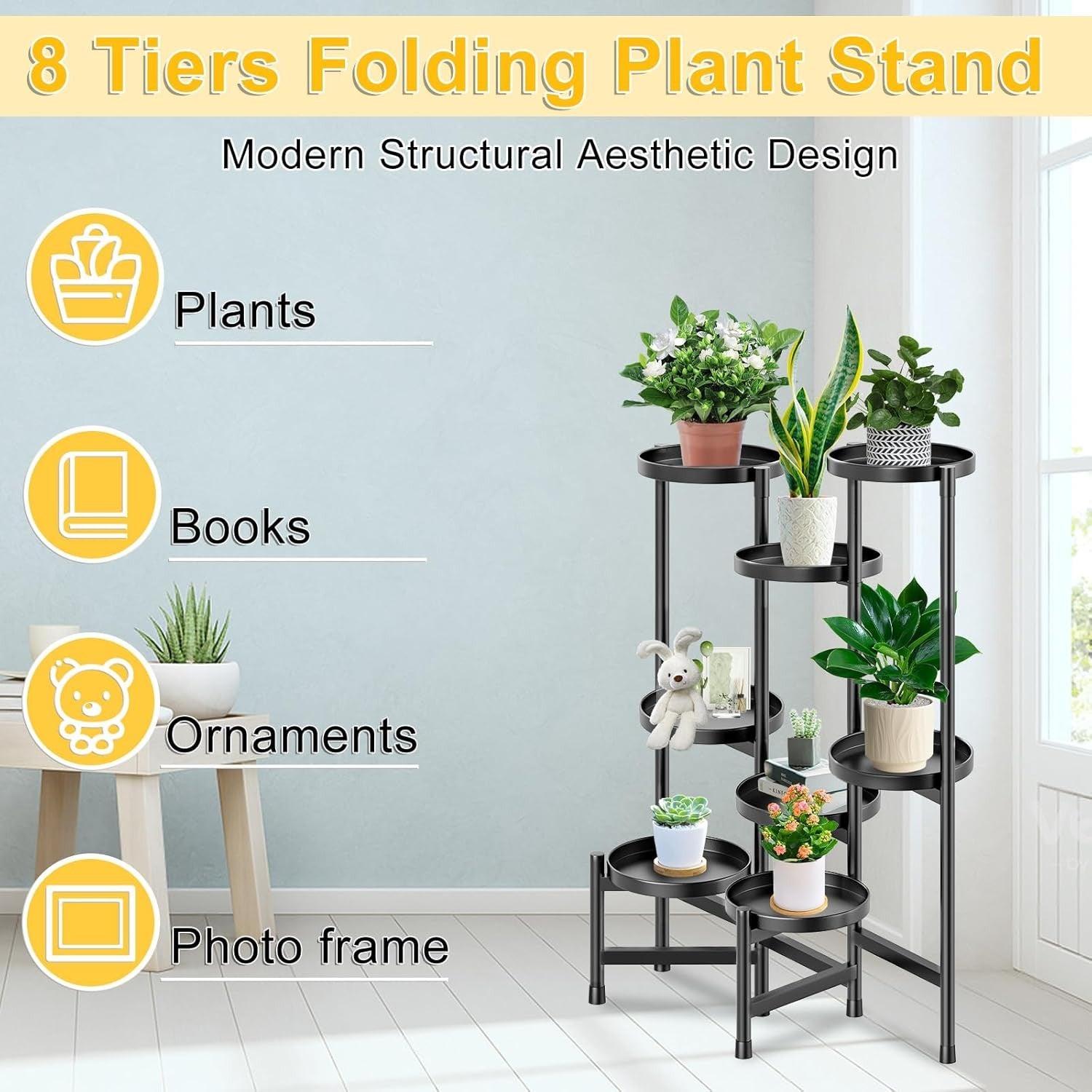 8 Tier Black Metal Plant Stand | Indoor Outdoor Flower Pot Display Rack