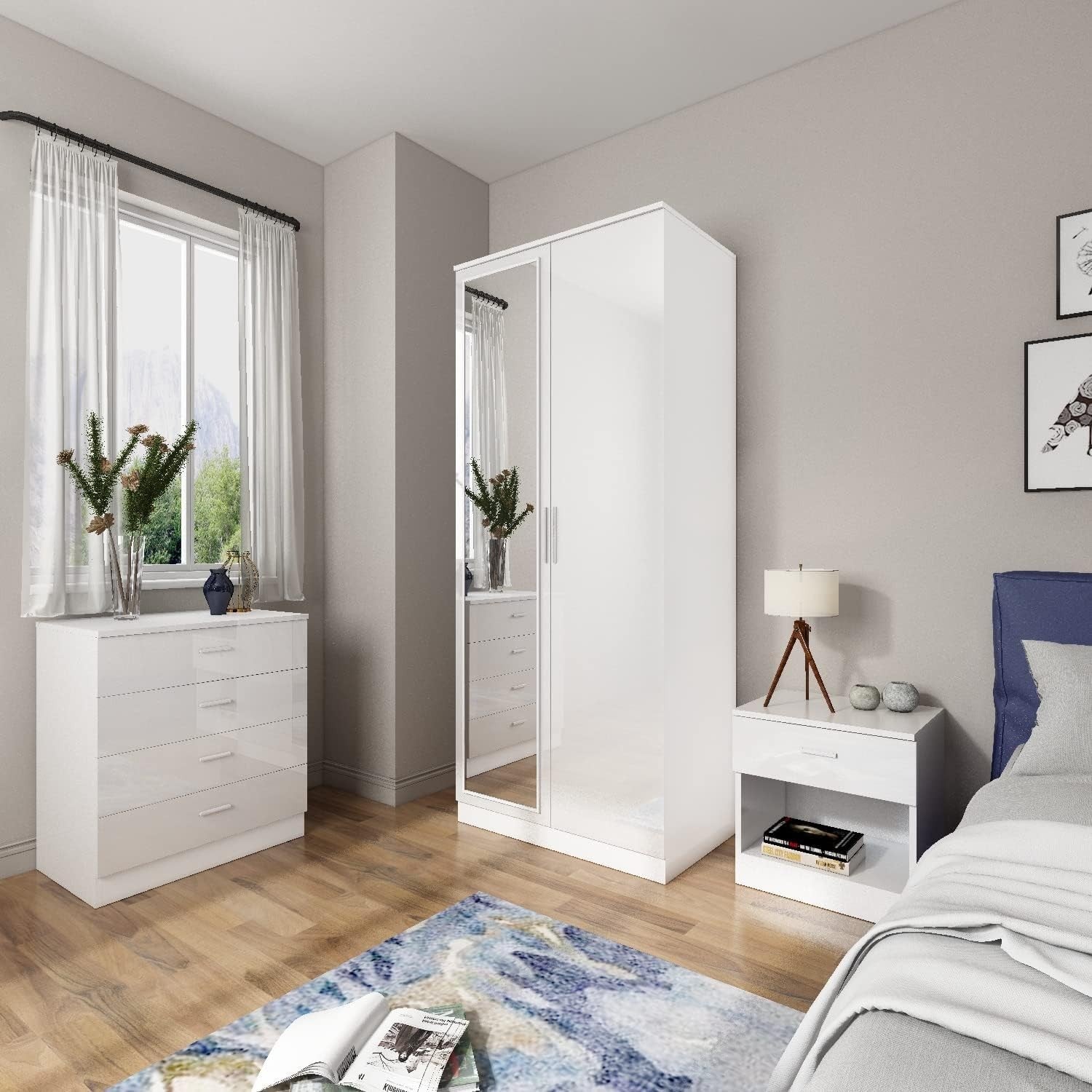 White Gloss 2 Door Wardrobe with Mirror & Rail Bedroom Storage 180cm