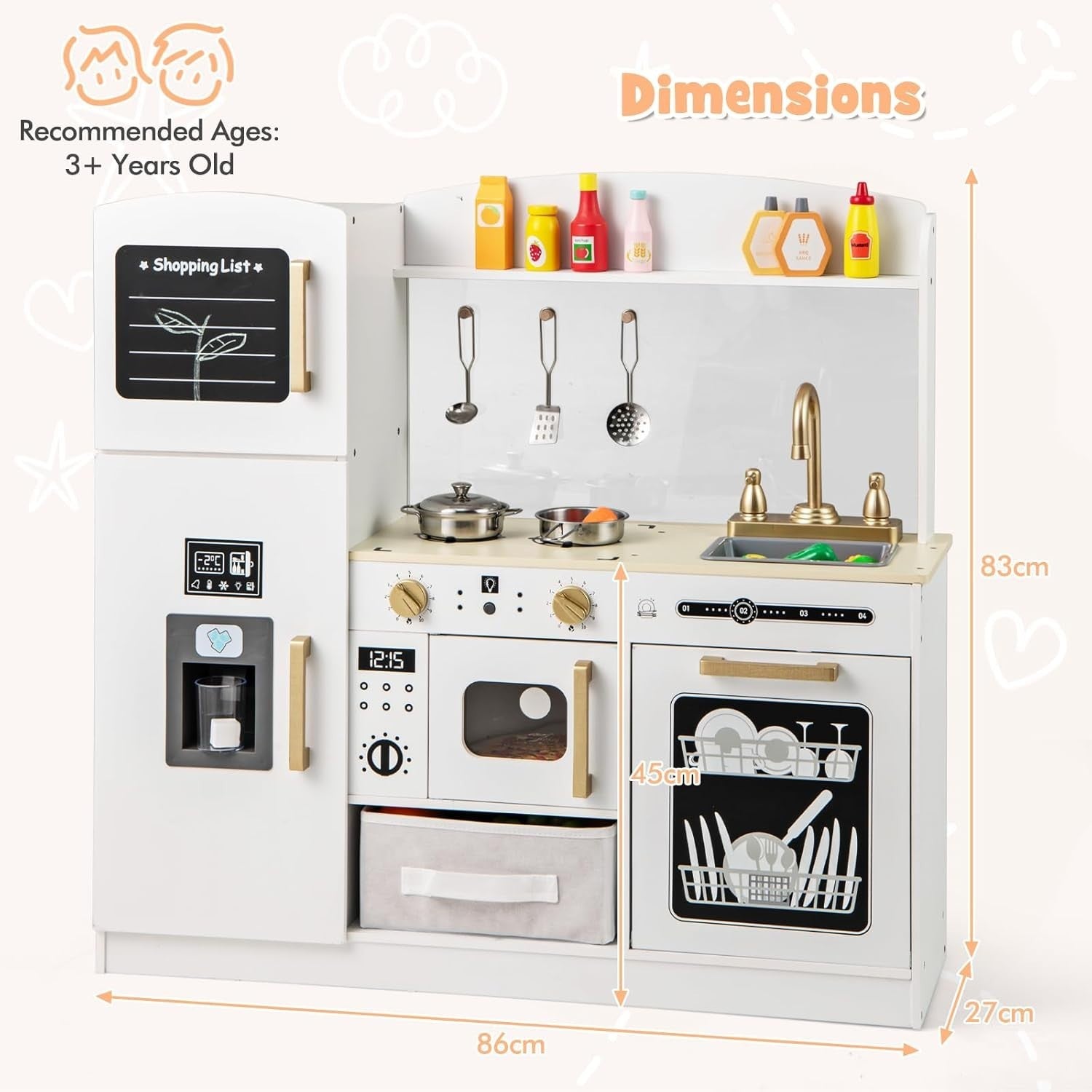 Kids Wooden Play Kitchen w/ Chalkboard Ice Maker White Toy