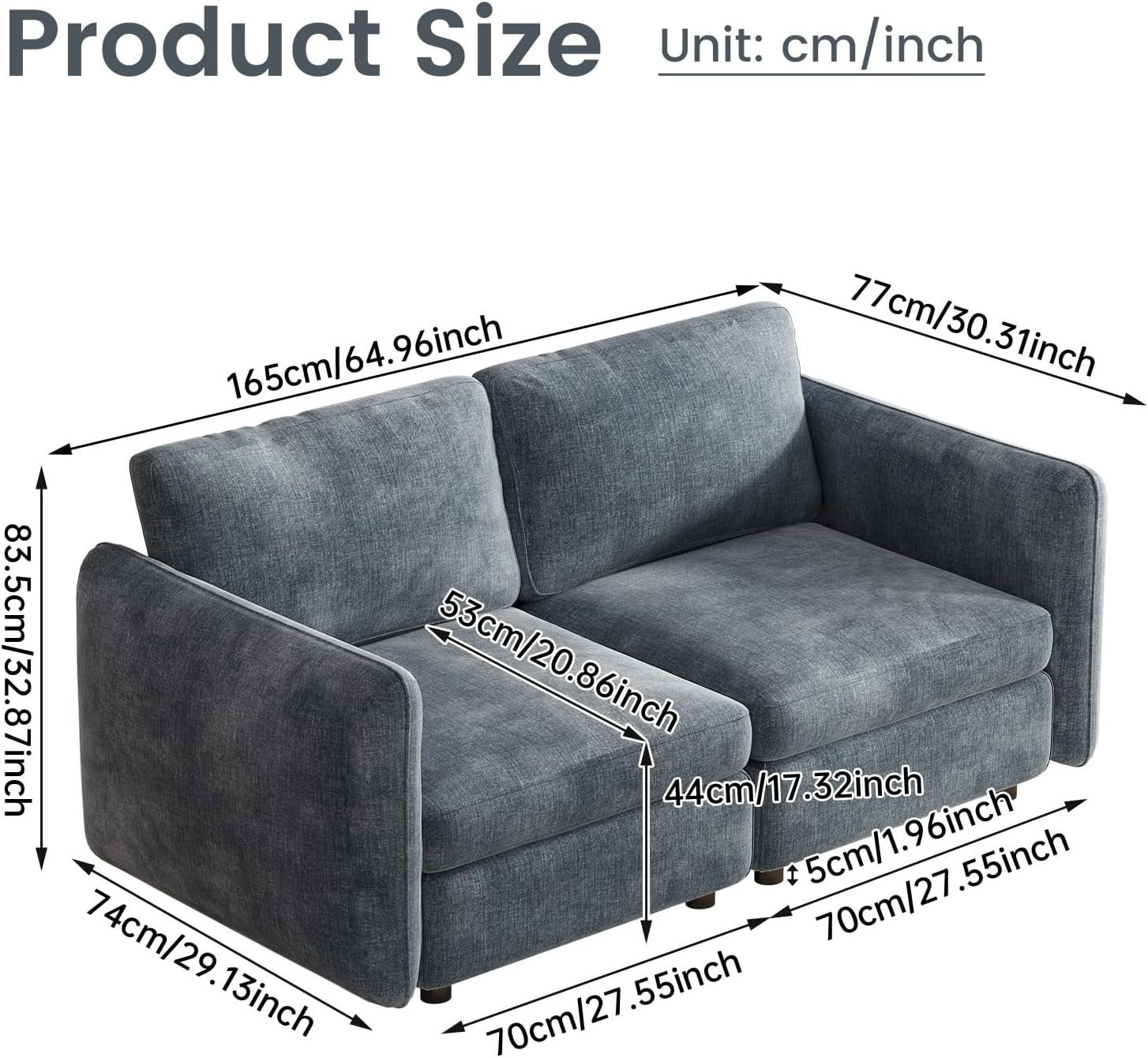 Modern 2 Seater Sofa Blue-Grey Deep Cushions 305CM Ergonomic Couch