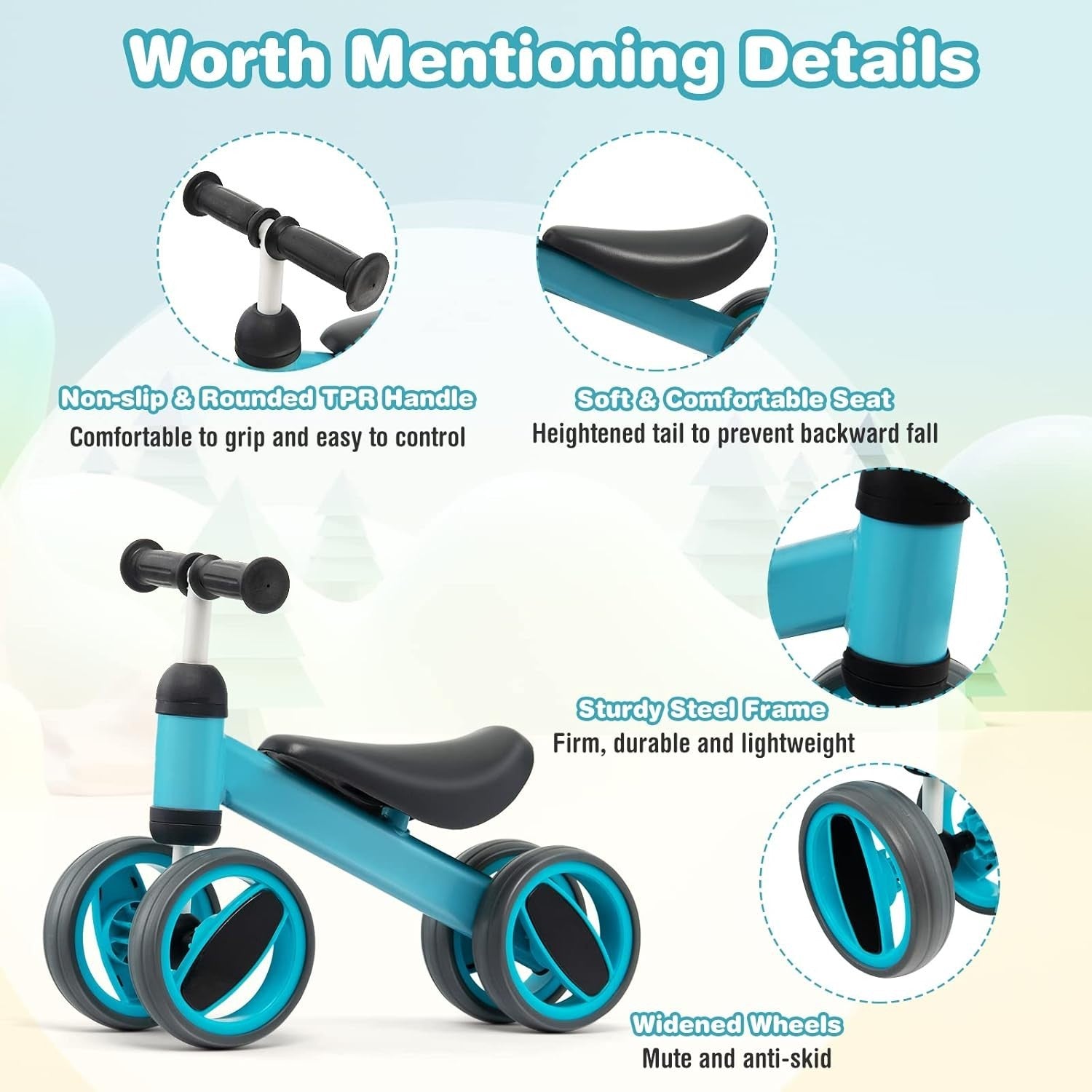 Baby Balance Bike 4 Wheel Toddler Walker Ride On No Pedal Age 1-2 Blue