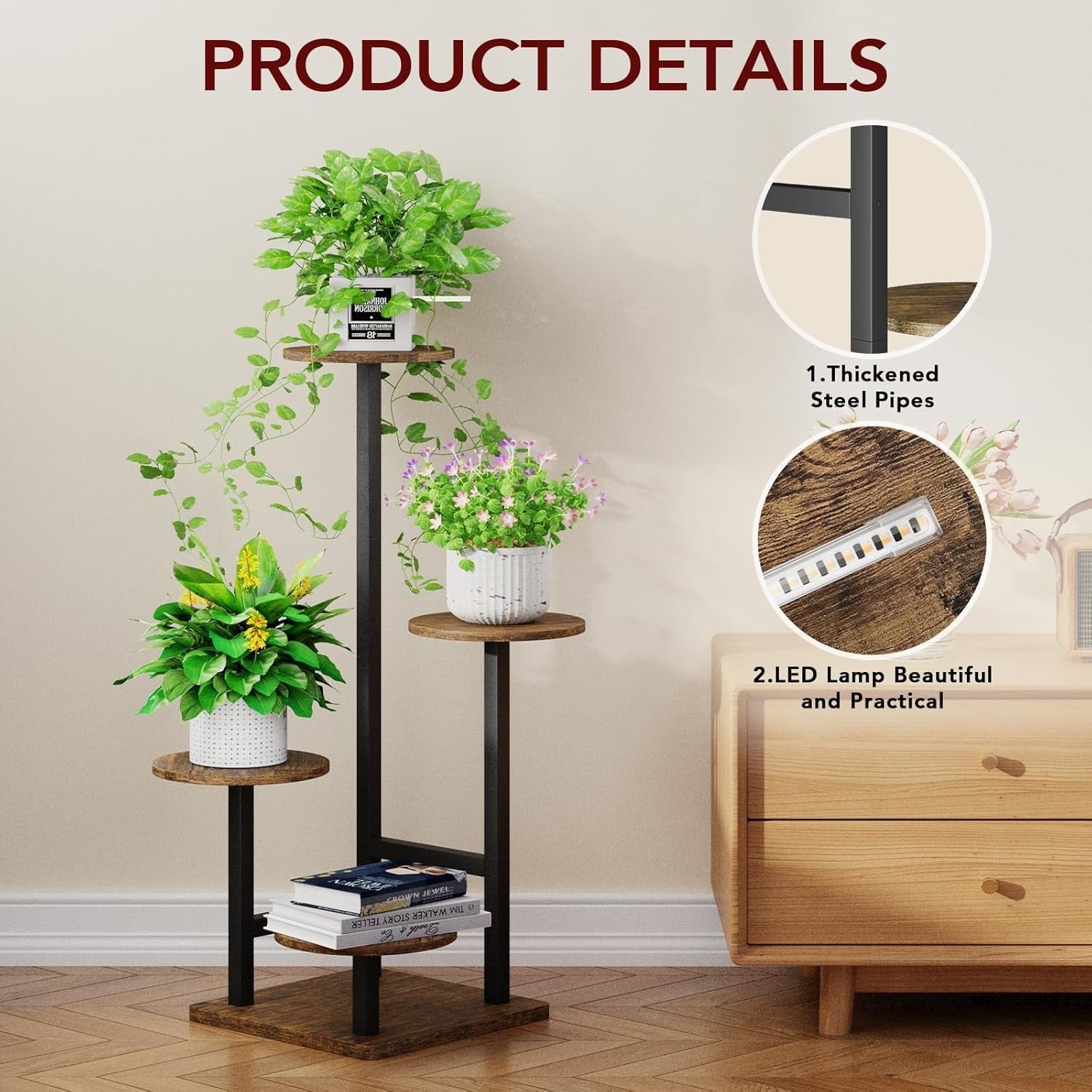 4-Tier Metal Plant Stand with Adjustable Grow Light & Hook | Indoor Corner Shelf