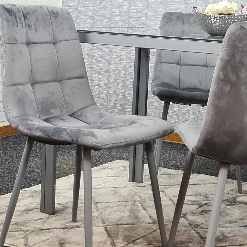 Grey Glass Dining Table Set with 4 Velvet Chairs Modern Padded Seats 134cm