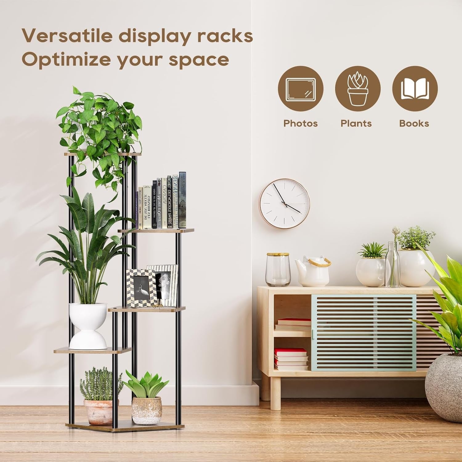 5 Tier Metal Plant Stand Indoor Corner Flower Shelf Wood Display Rack for Living