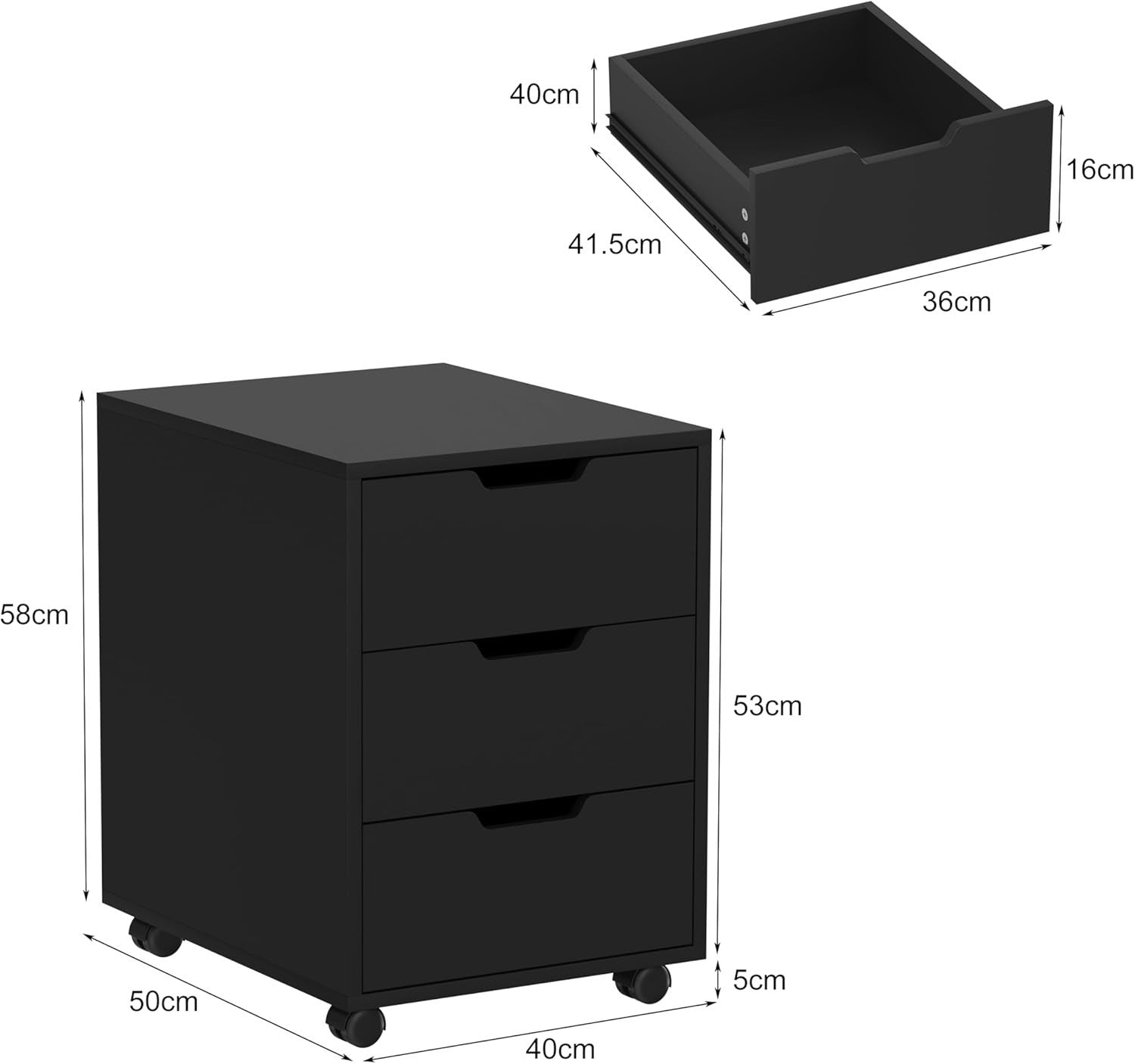 Black Rolling Desk Pedestal 3 Drawer Under Desk File Printer Cabinet