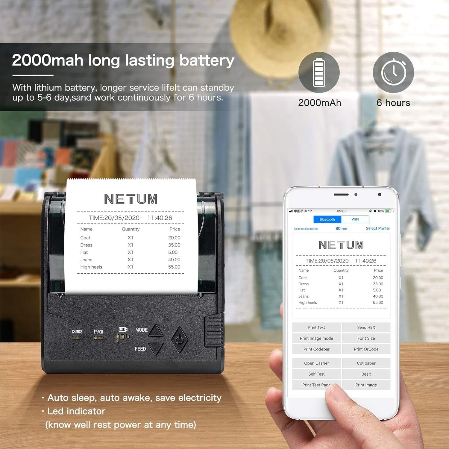 80 mm Bluetooth Wireless Thermal Receipt Printer Portable USB POS Printer
