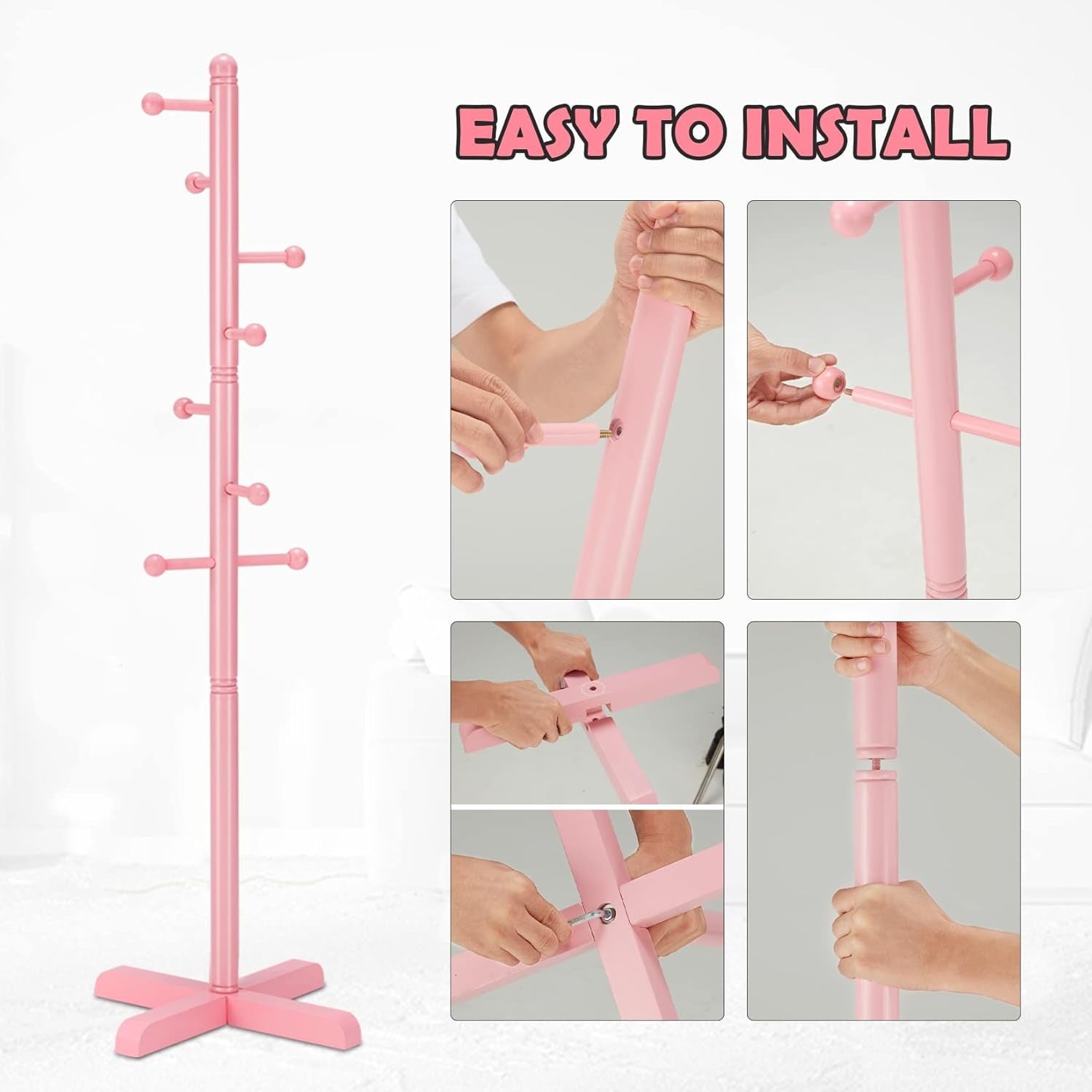 Kids Freestanding Pink Coat Rack | 8 Hooks Adjustable Wooden Tree Stand