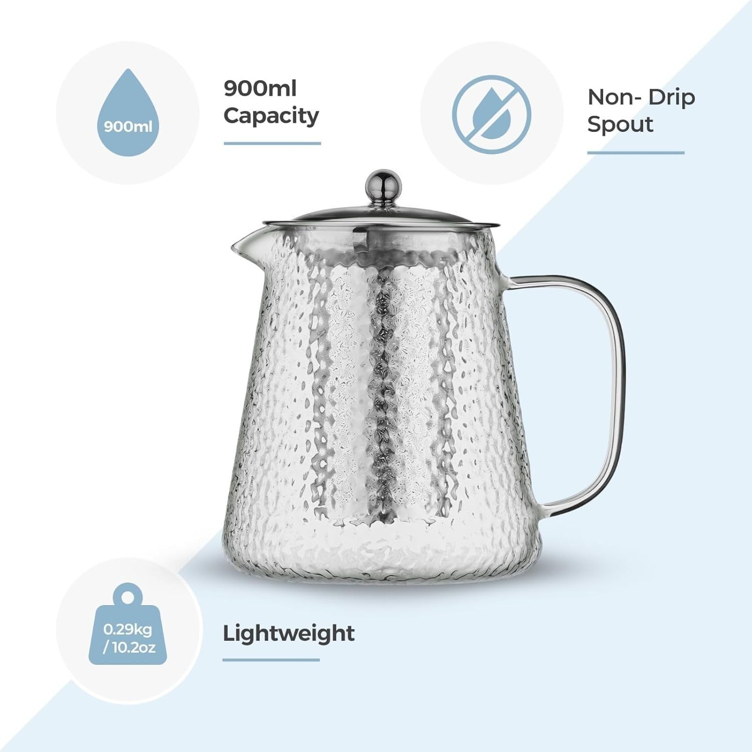 Glass Teapot with Infuser 900ml Loose Leaf Tea Maker 4 Cup Silver