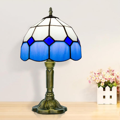 Blue Tiffany Stained Glass Table Lamp, Small Art Deco Bedroom Nightstand Lamp