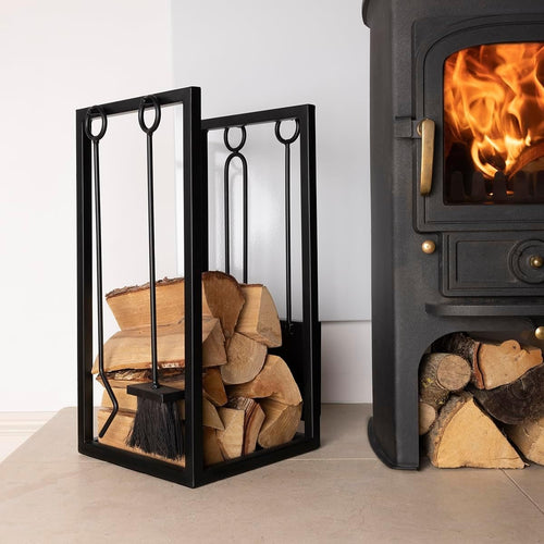 Heavy Duty Fireplace Tool Set with Log Holder & Brush – 60x37x30cm
