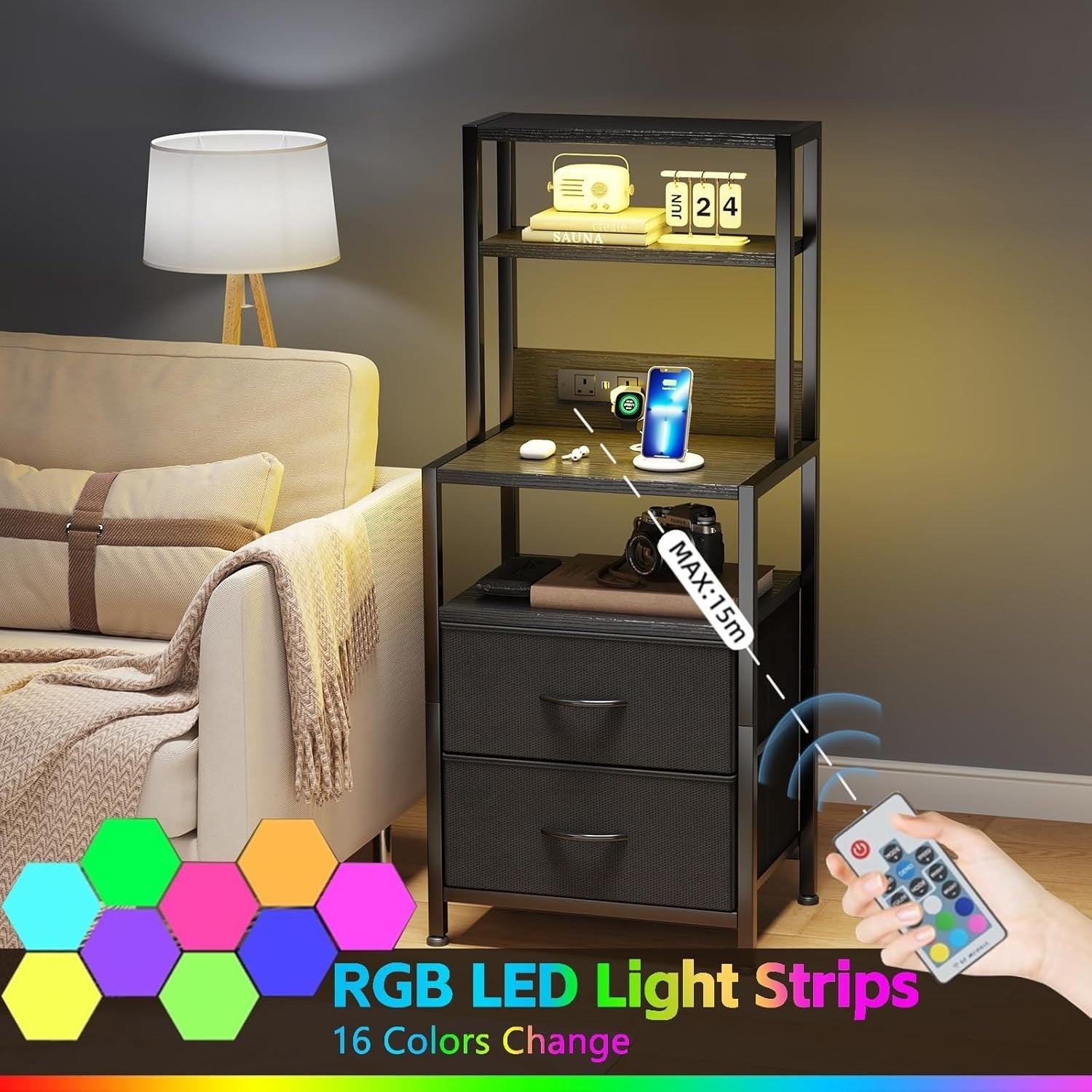 Black Bedside Table with Charging Station & LED Light, Modern Nightstand