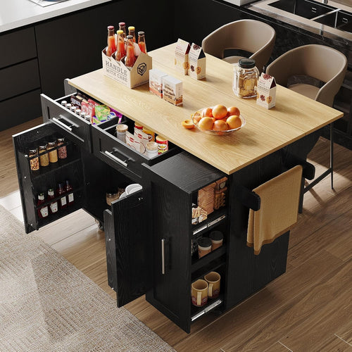 Modern Kitchen Island Trolley Black – Foldable Top, Wheels, Storage 110cm