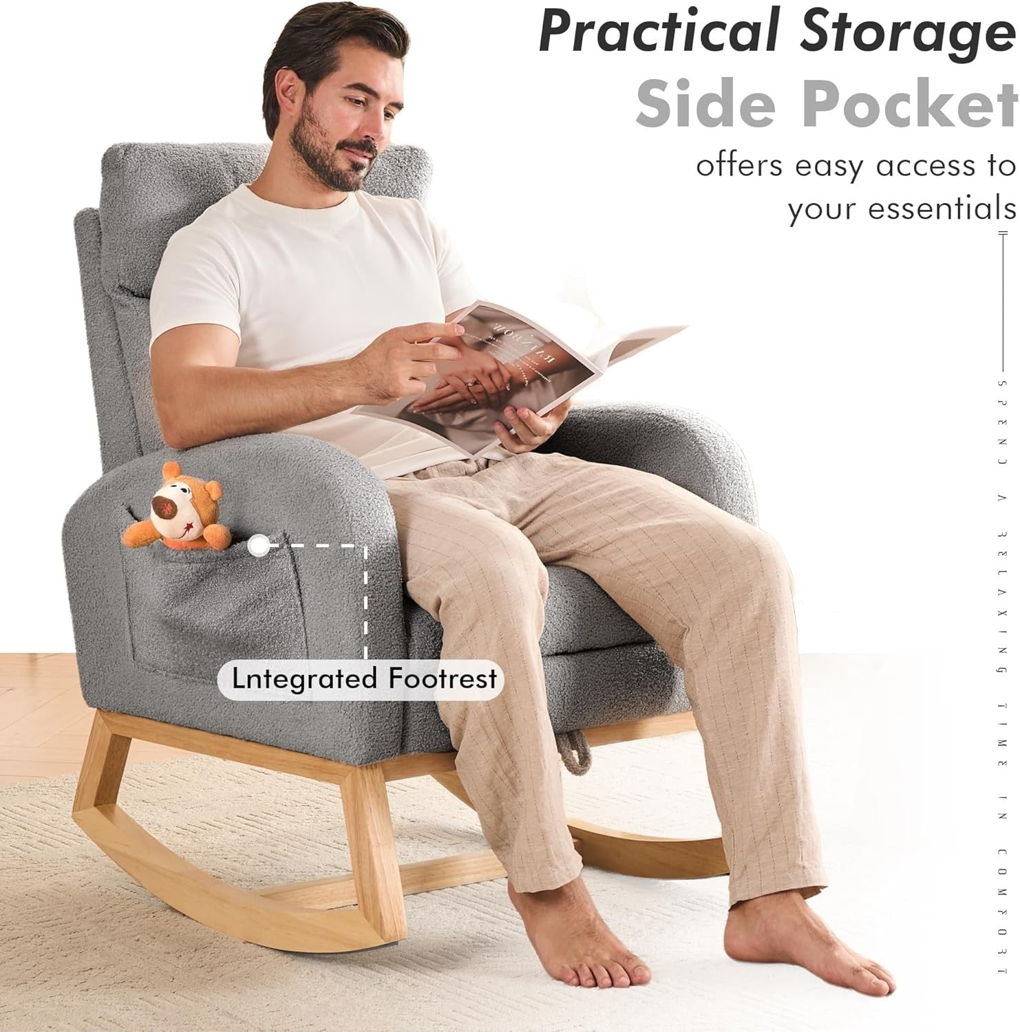 Rocking Chair w/ Footrest & Side Pocket, Comfy Teddy Fabric, Ergonomic Seat