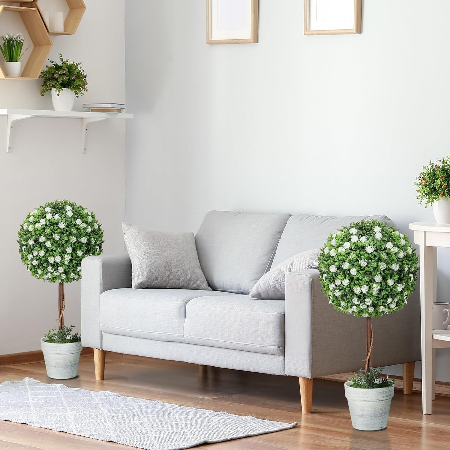 60cm Artificial Rose Ball Topiary Trees Set of 2 in White Pot Home Garden Decor