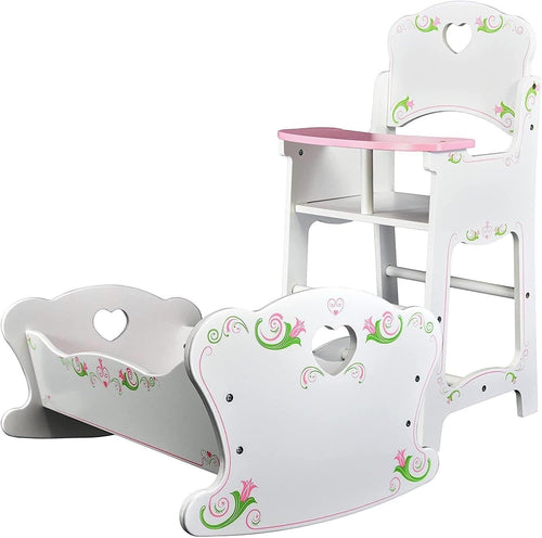 Wooden Doll Cradle & Highchair Kids Play Furniture Set Role Play Gift