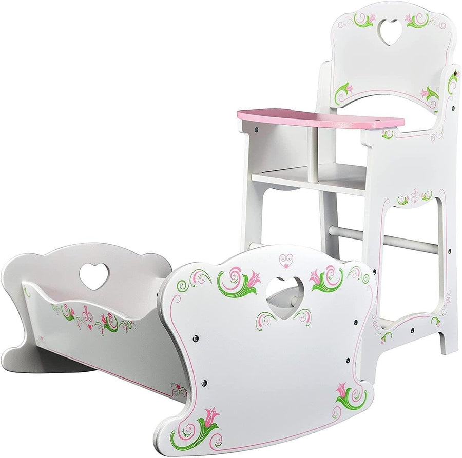 Wooden Doll Cradle & Highchair Kids Play Furniture Set Role Play Gift