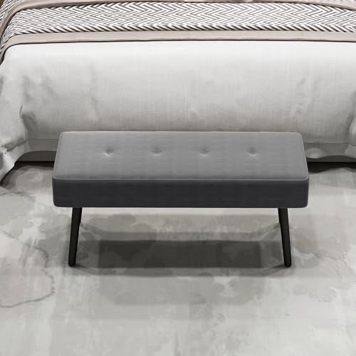 Grey Corduroy End of Bed Bench with Thick Padding & Steel Legs, Living Room
