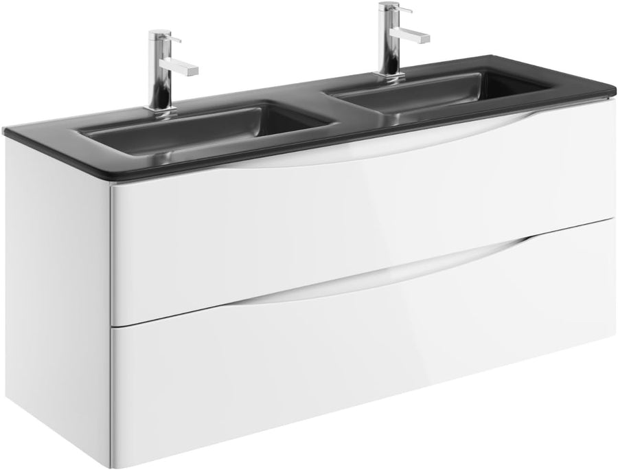 1200mm Wall Hung Vanity Unit White Gloss with Double Grey Glass Basin