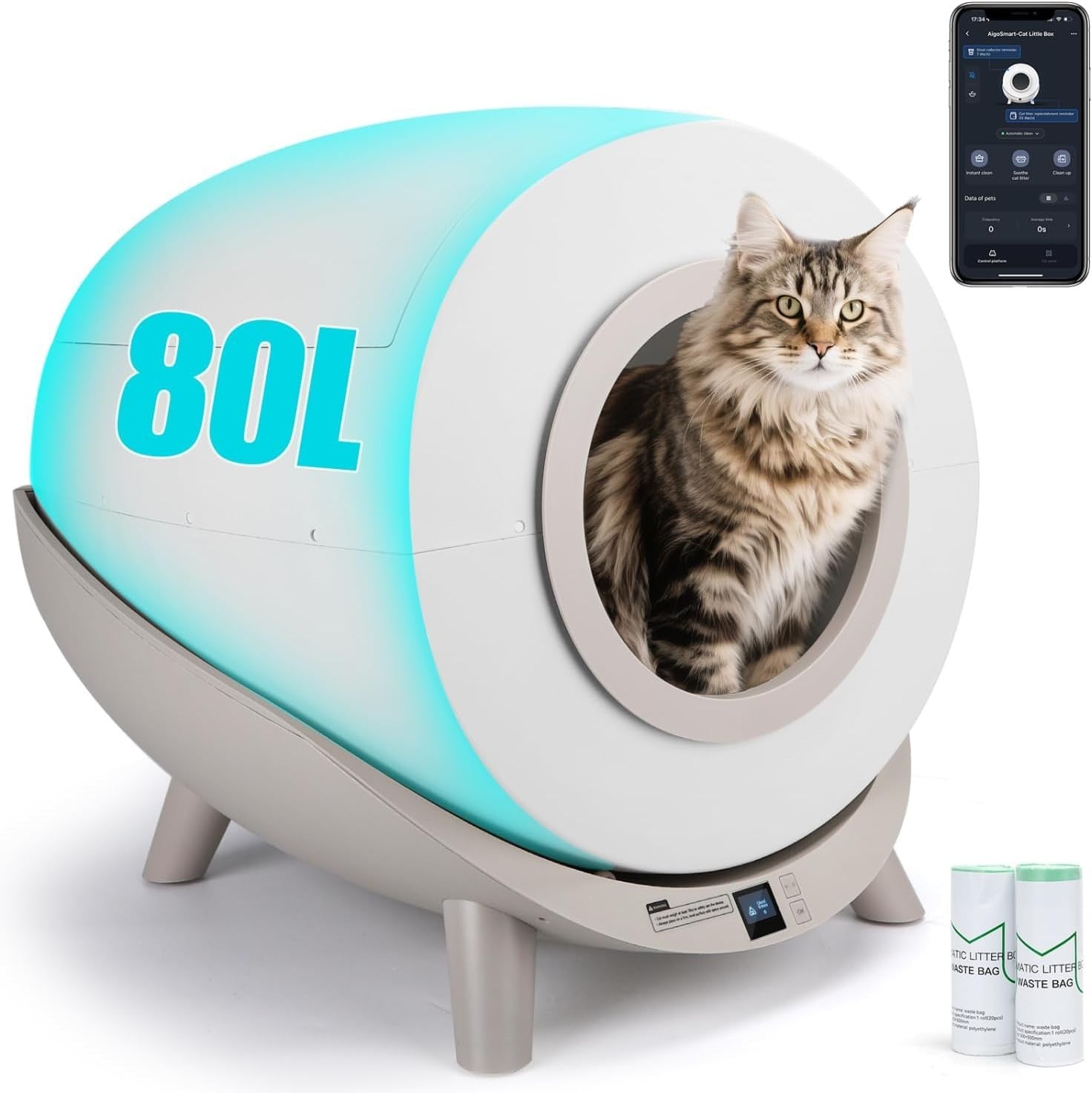 80L Self Cleaning Cat Litter Box App Control Multi Cat Auto Tray