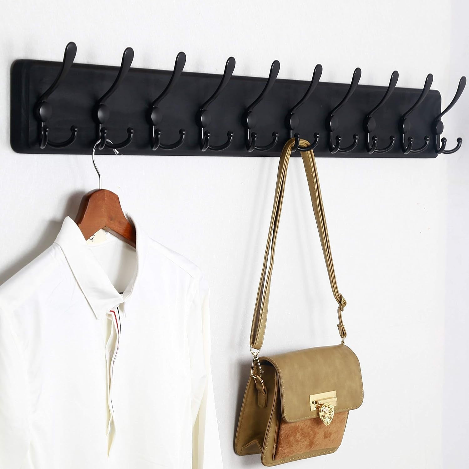 Wall Mounted Coat Rack 10 Hooks | Rustic Black Wood Hallway Hanger