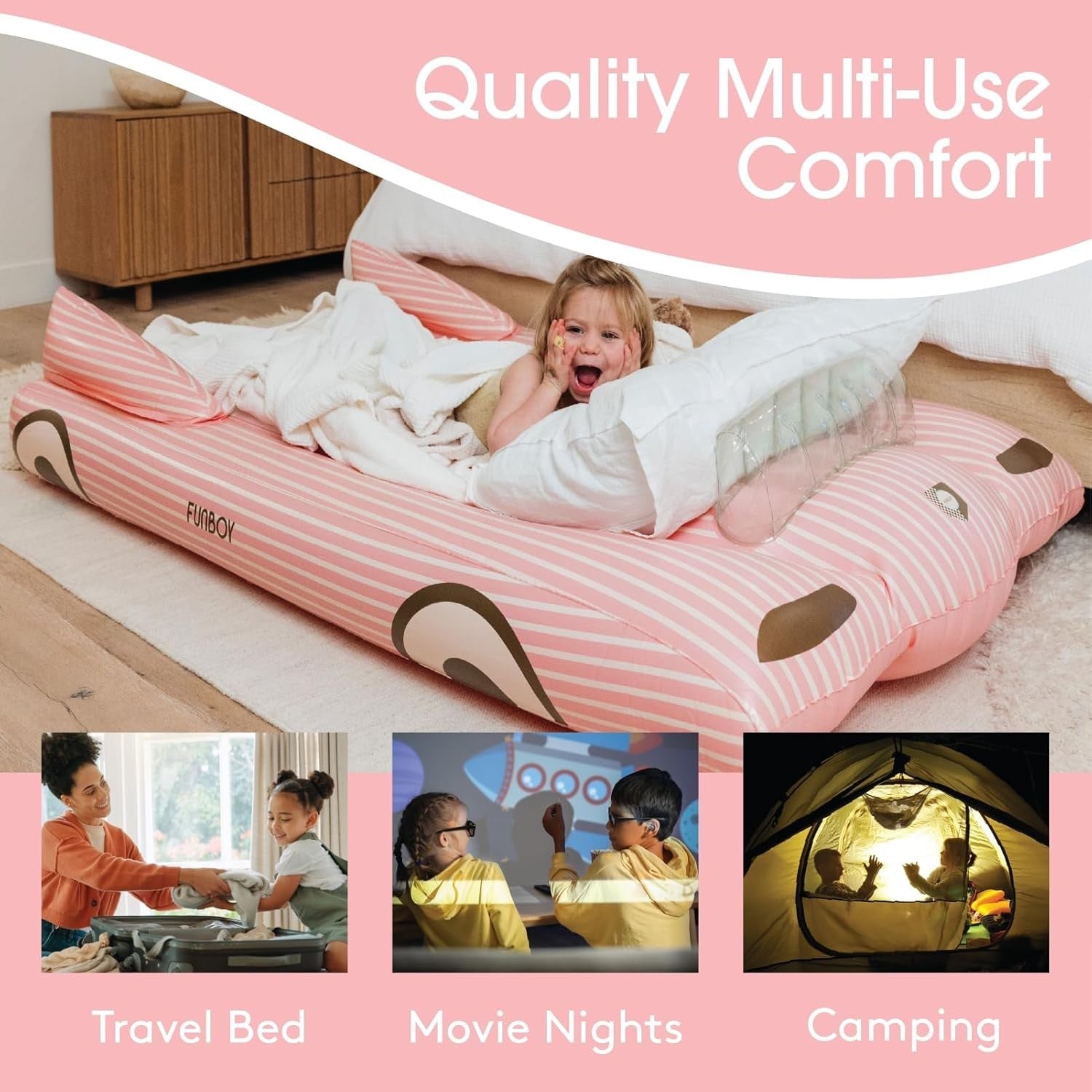 Kids Pink Inflatable Travel Bed Mattress Twin Sleepover Air Mattress with Carry