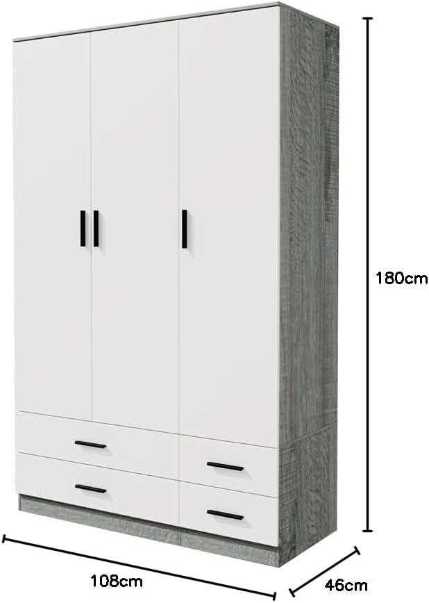 3 Door 4 Drawer Wardrobe Hanging Rail Storage Ash Grey & White Bedroom