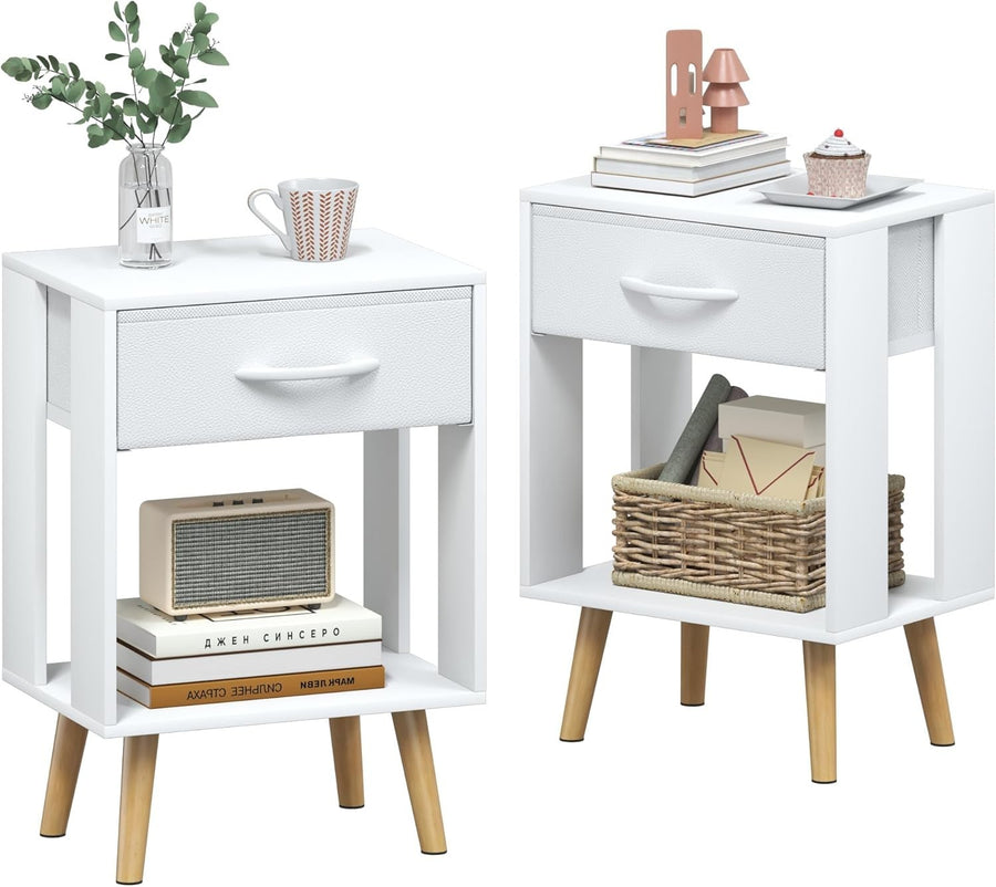 2x White Bedside Tables with Drawer & Shelf – Modern Wooden Nightstands