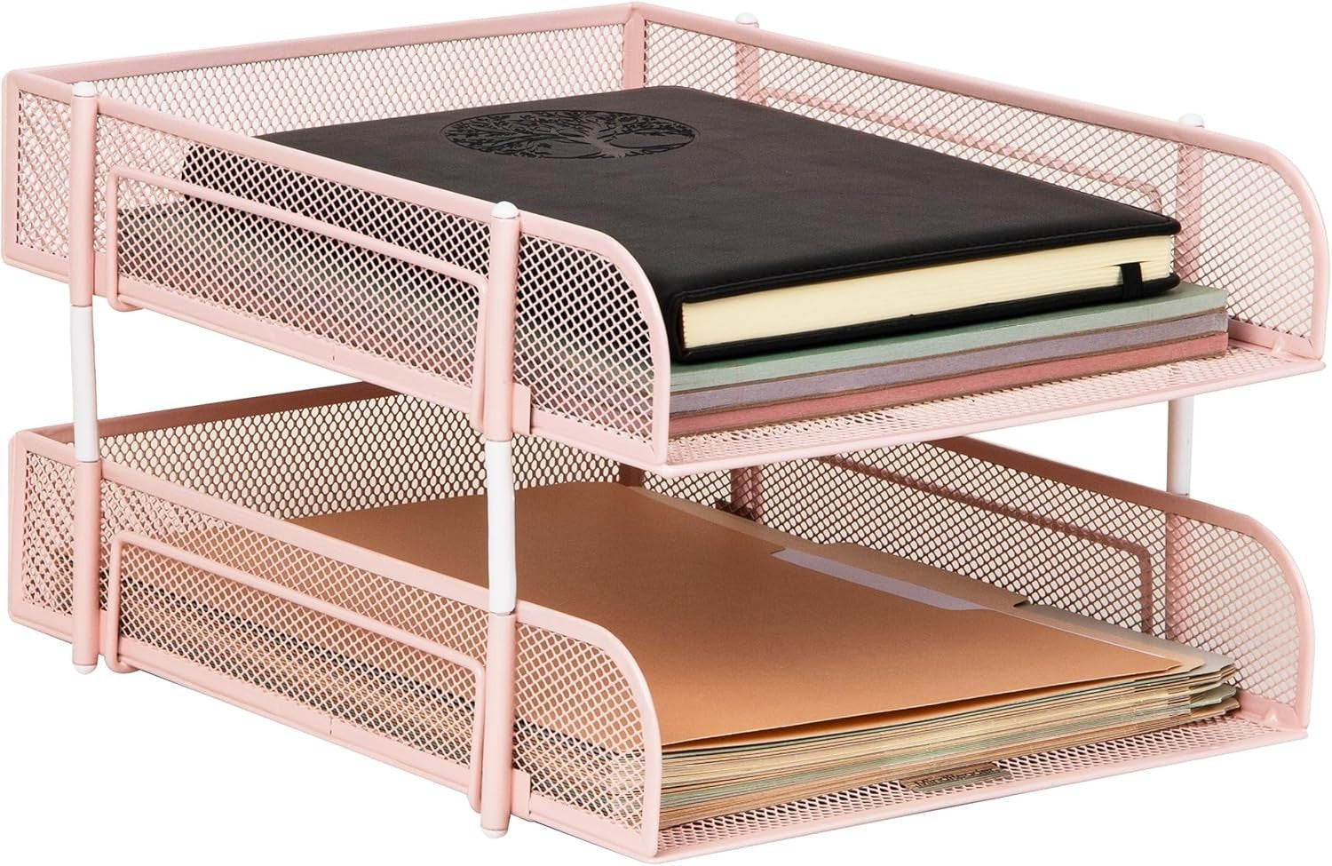 Stackable Metal Mesh Desk Organizer Tray 2-Tier File Storage Pink