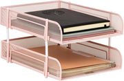 Stackable Metal Mesh Desk Organizer Tray 2-Tier File Storage Pink