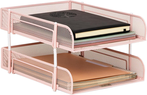 Stackable Metal Mesh Desk Organizer Tray 2-Tier File Storage Pink