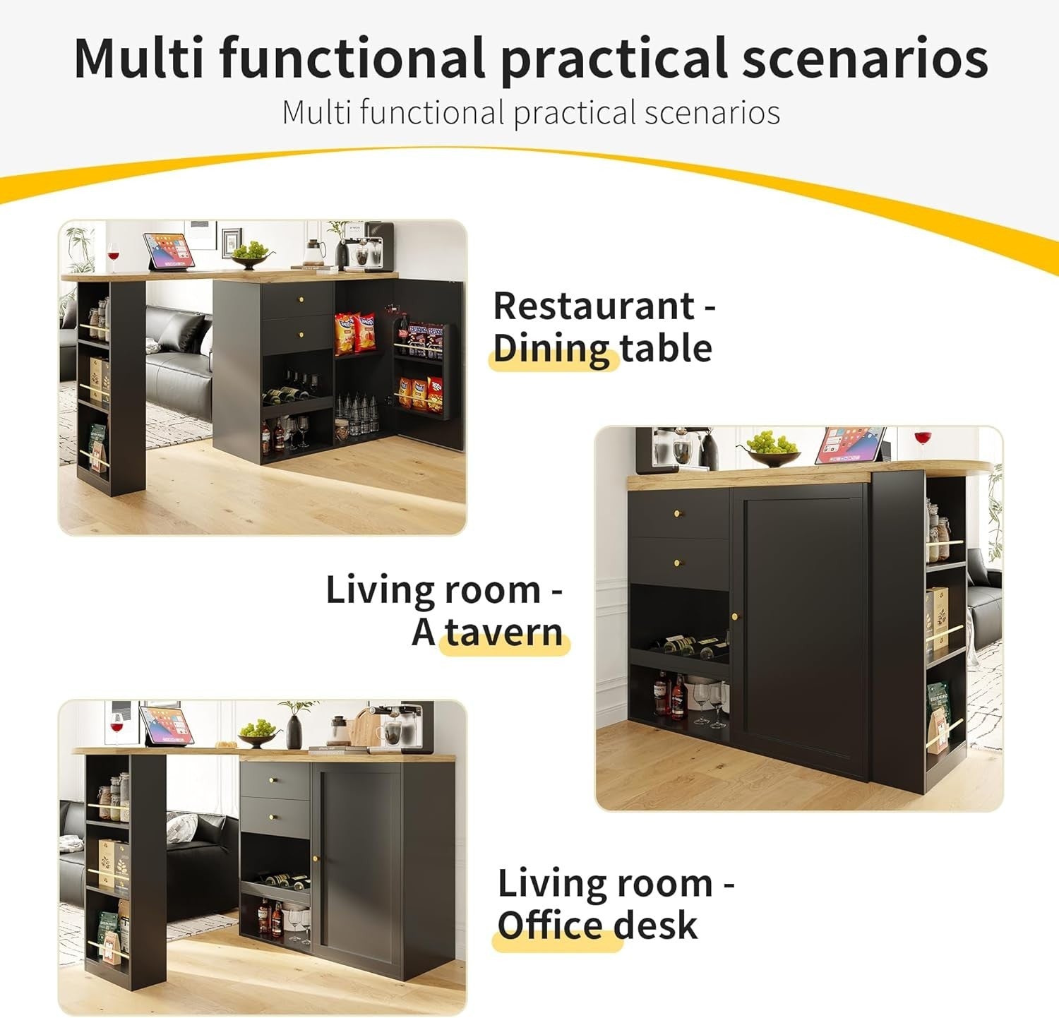 360° Swivel Bar Table with Drawers & Sliding Door Cabinet 3 Tier Storage Black
