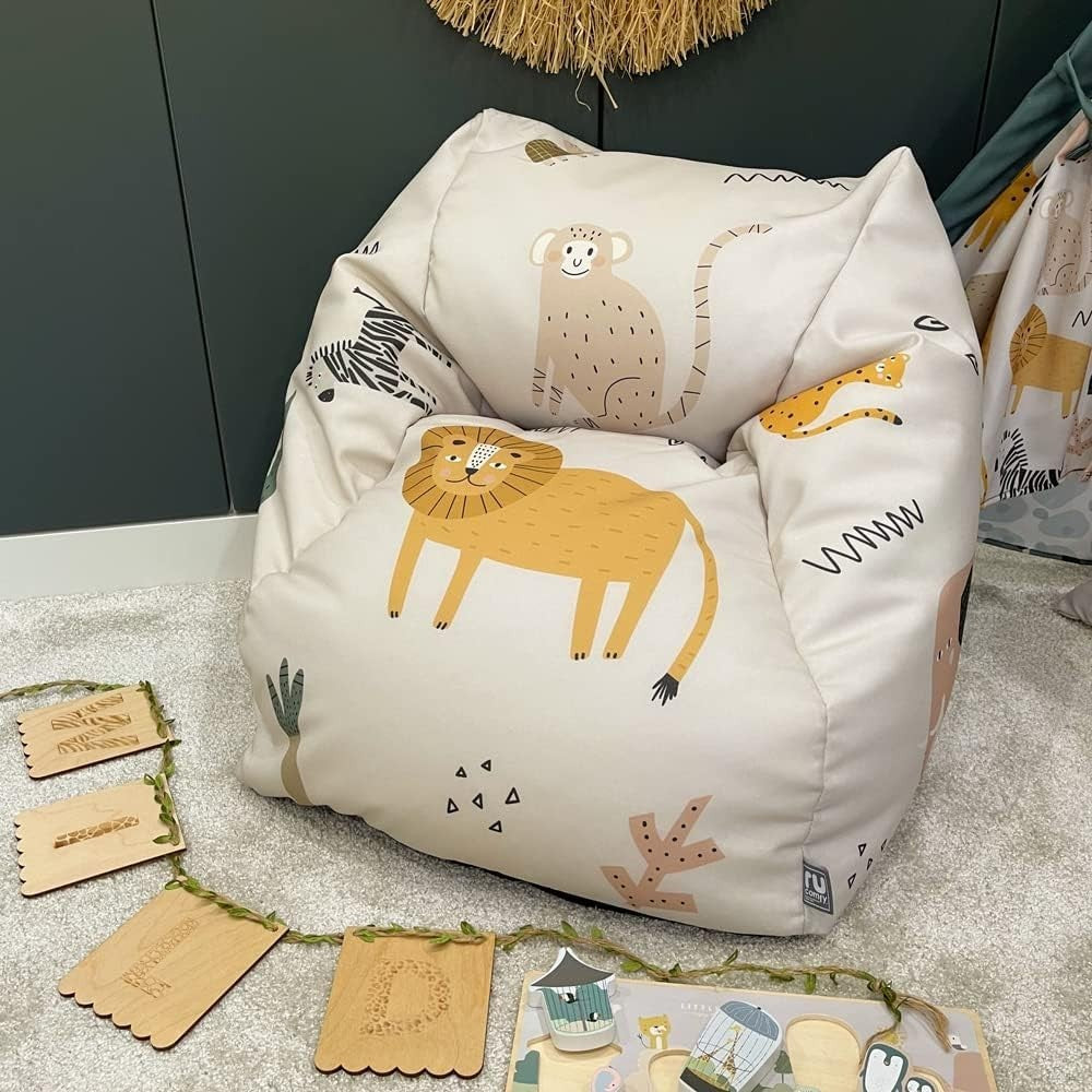 Safari Animal Kids Bean Bag Chair & Footstool Set - Armchair Style Seat