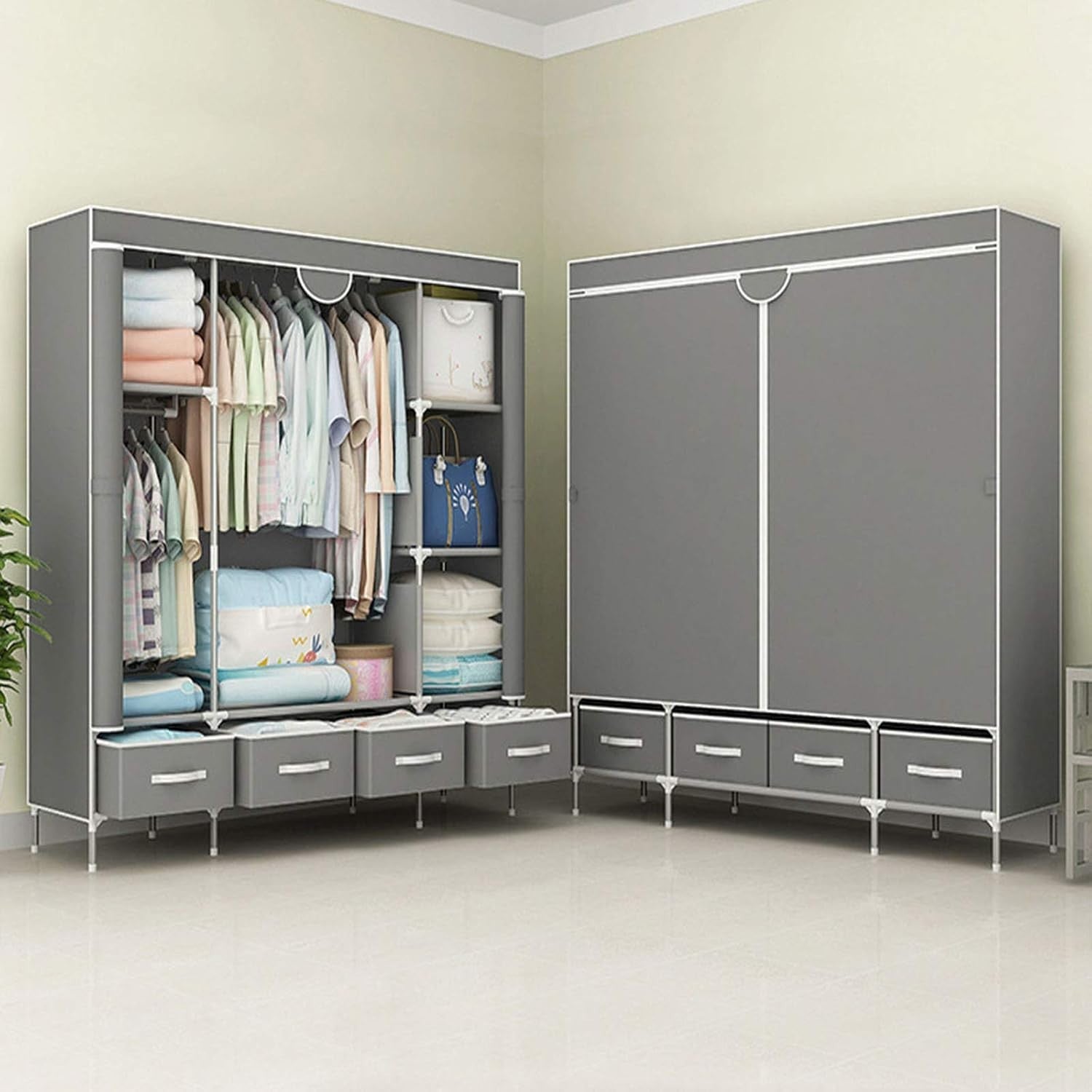Canvas Wardrobe Storage with Hanging Rail & Shelves – Large, Durable, Dustproof