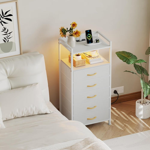 5 Drawer Dresser with LED Lights & Charging Station – Modern White Storage Unit
