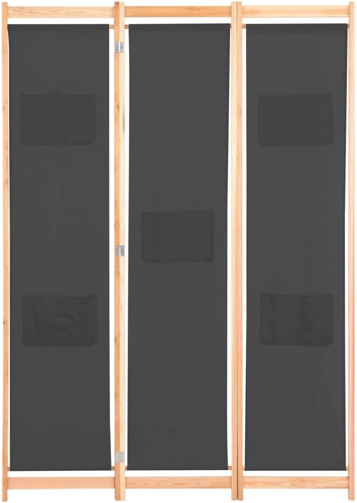 3 Panel Grey Fabric Room Divider Folding Privacy Screen with Storage Pockets 170