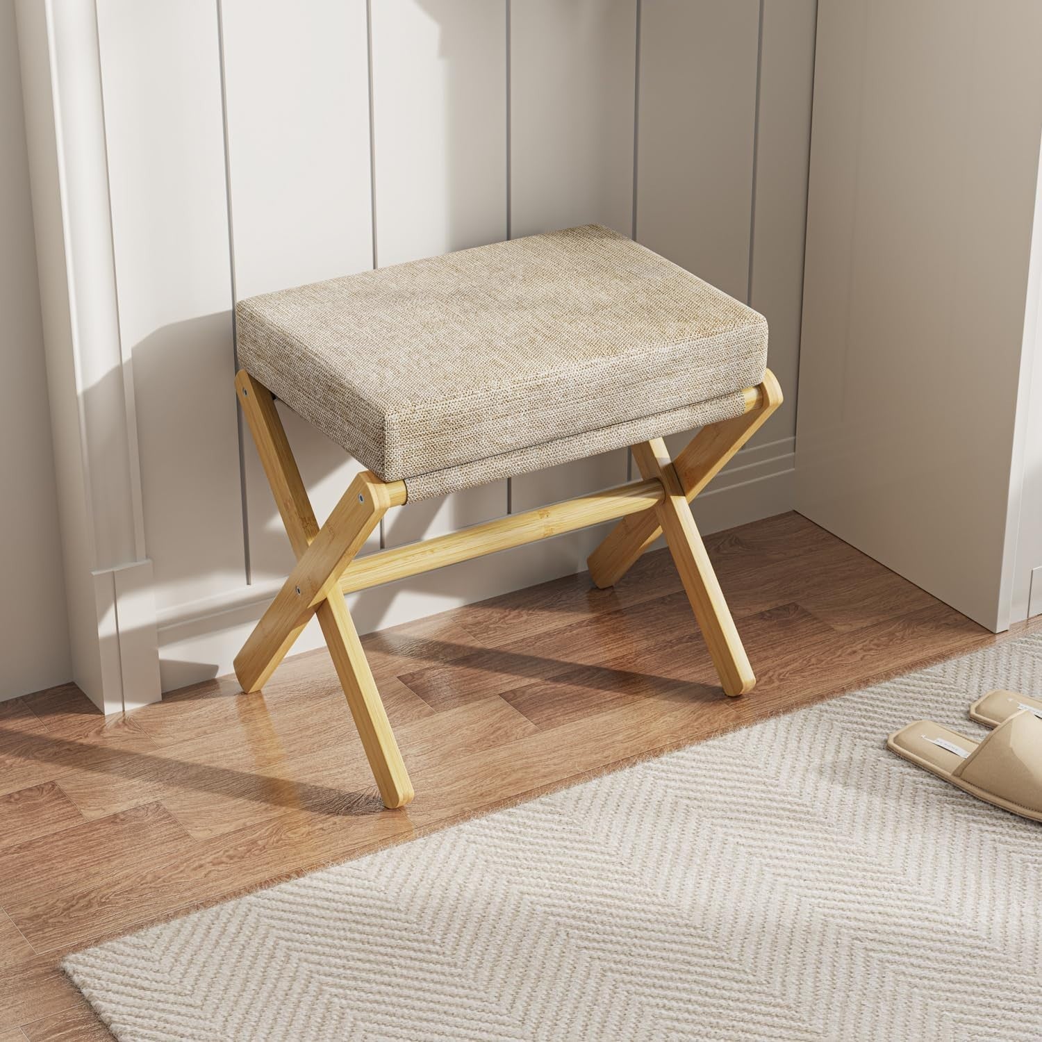 Natural Bamboo Foldable Footstool with Brown Chenille Cushion & X-Leg Design