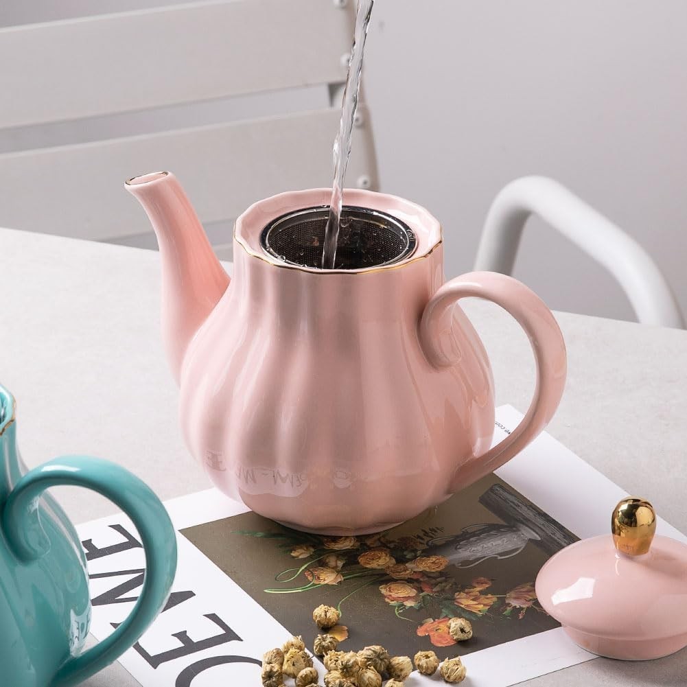 Ceramic Teapot 1100ml Pink Tea Pot w/ Stainless Infuser 5-6 Cups