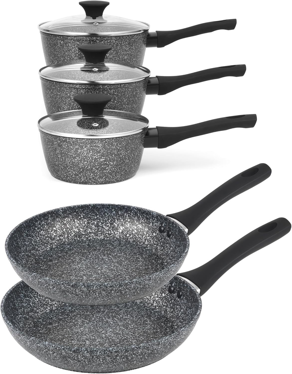 5 Pcs Granite Non Stick Pot & Pan Set with Tempered Glass Lid Induction Suitable