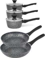 5 Pcs Granite Non Stick Pot & Pan Set with Tempered Glass Lid Induction Suitable