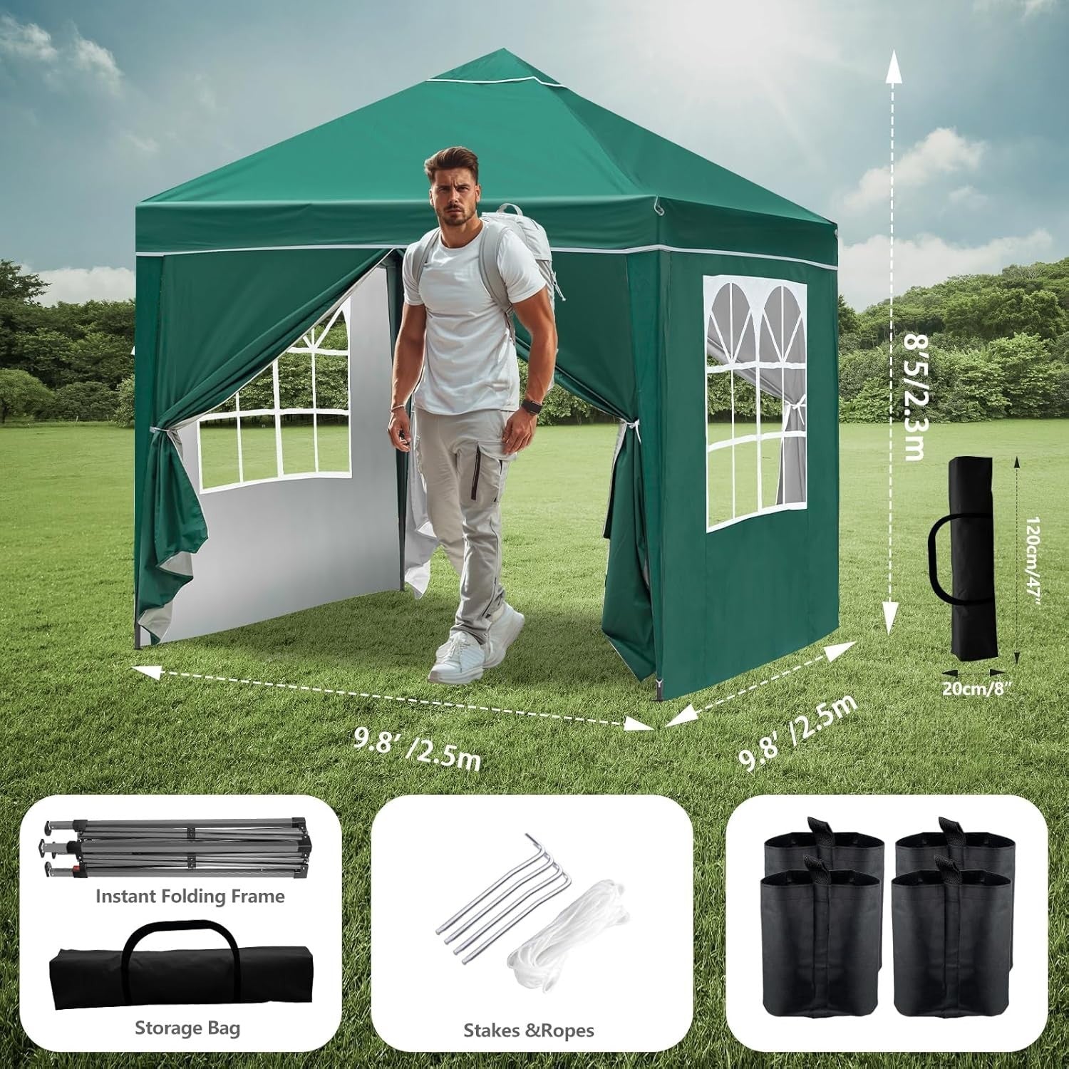 3x3M Green Pop Up Gazebo with 4 Removable Sidewalls Waterproof Outdoor Tent
