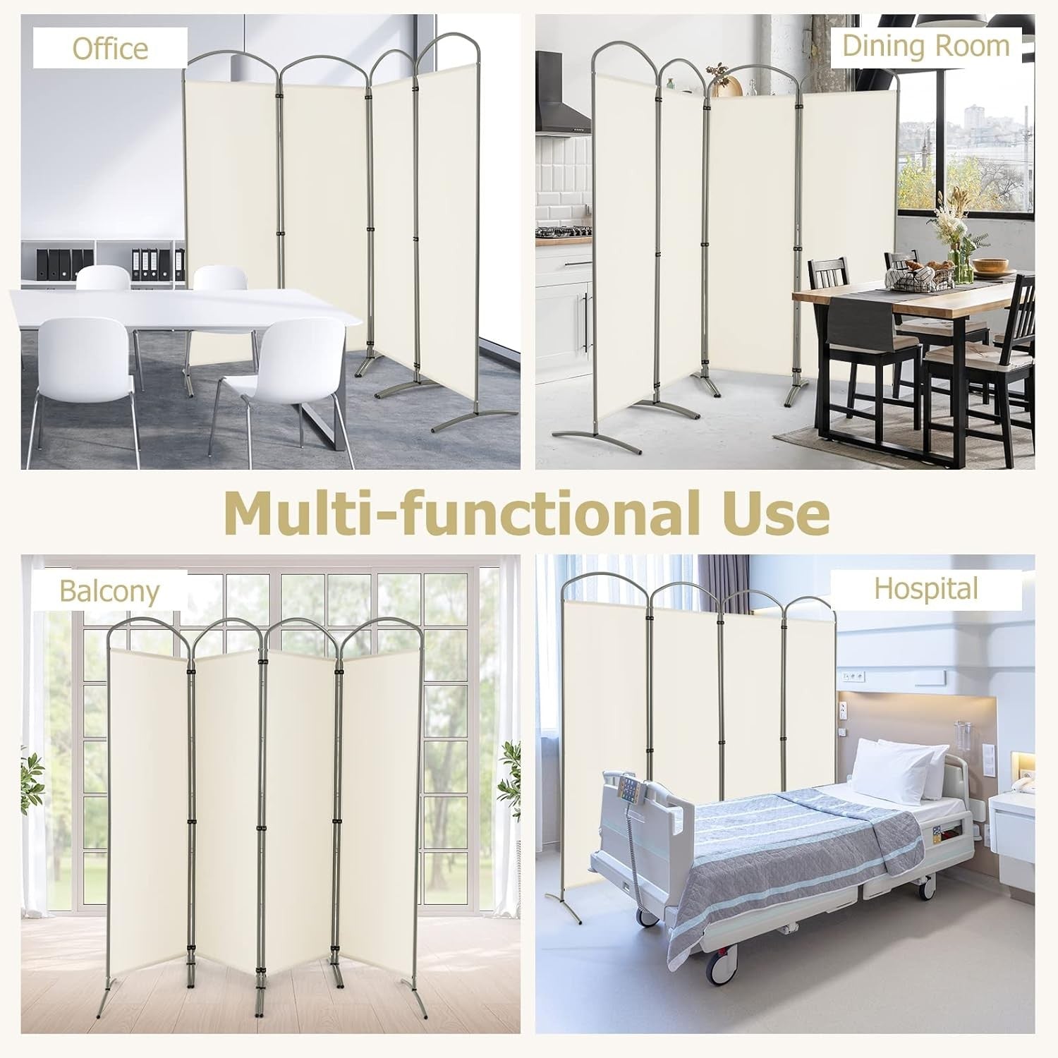 4 Panel Cream Folding Room Divider Privacy Screen for Bedroom Office 188cm High